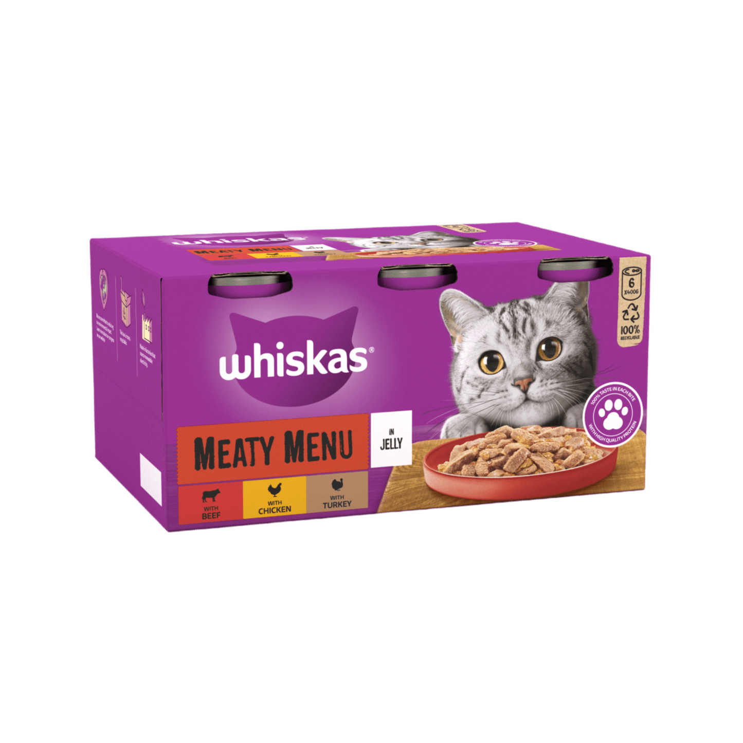 WHISKAS® Meaty Menu Adult Wet Cat Food in Jelly – 6x400g Tins, Meat Variety Pack