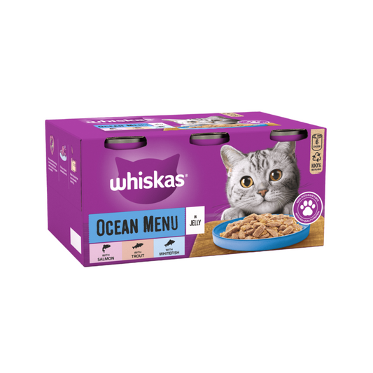 WHISKAS® Ocean Menu Adult Wet Cat Food in Jelly – 6x400g Tins, Seafood Variety