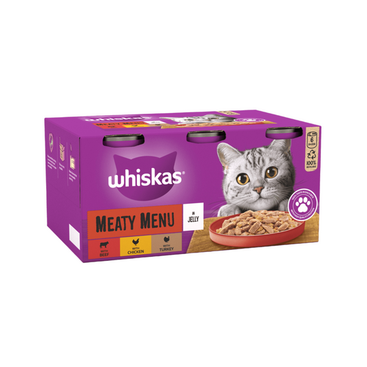 WHISKAS® Meaty Menu Adult Wet Cat Food in Jelly – 6x400g Tins, Meat Variety Pack