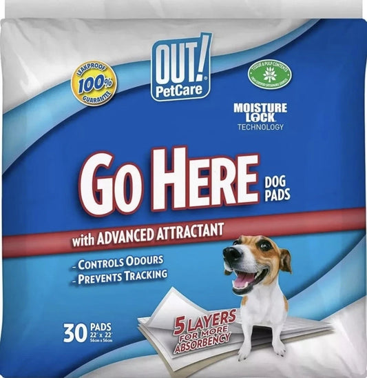 Out! Go Here Absorbent Dog and Puppy Pads, Pack of 30